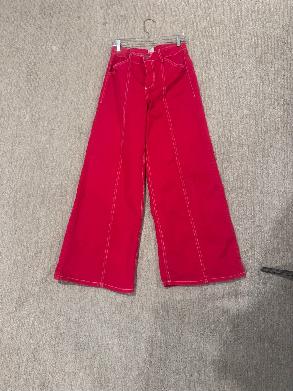 Maeve High-Rise Wide Leg Jeans in Bright Hot Pink with Contrast Stitching